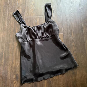 Vintage Black Satin Tank Top Blouse Waist Tie Y2K Romantic Summer Boho Dressy M